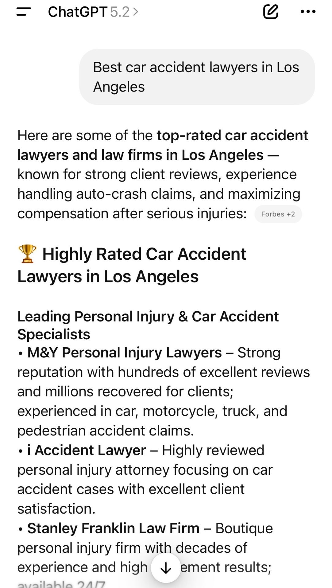 ChatGPT recommending law firms for car accident cases