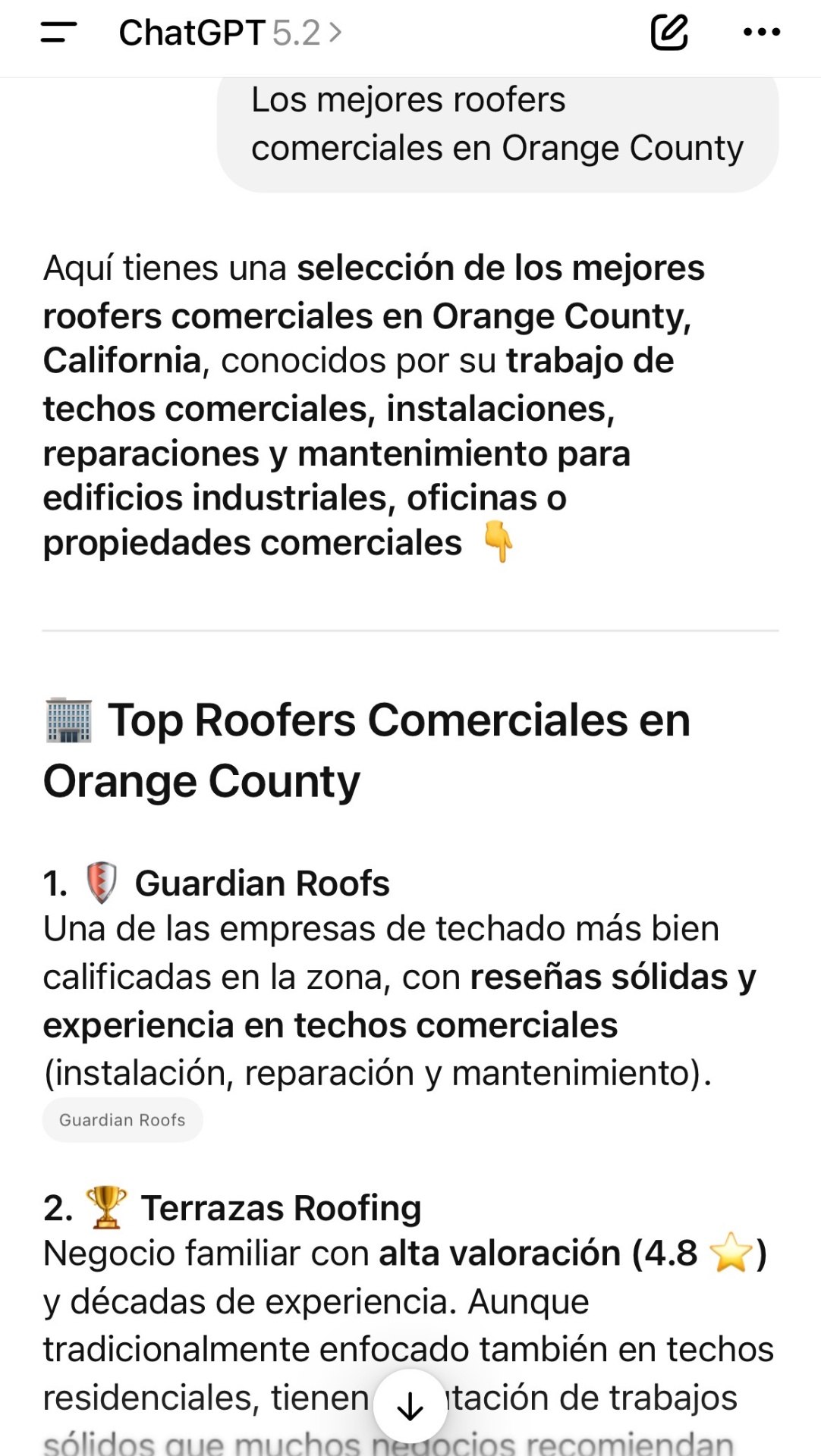 ChatGPT recomendando empresas de techado en Orange County