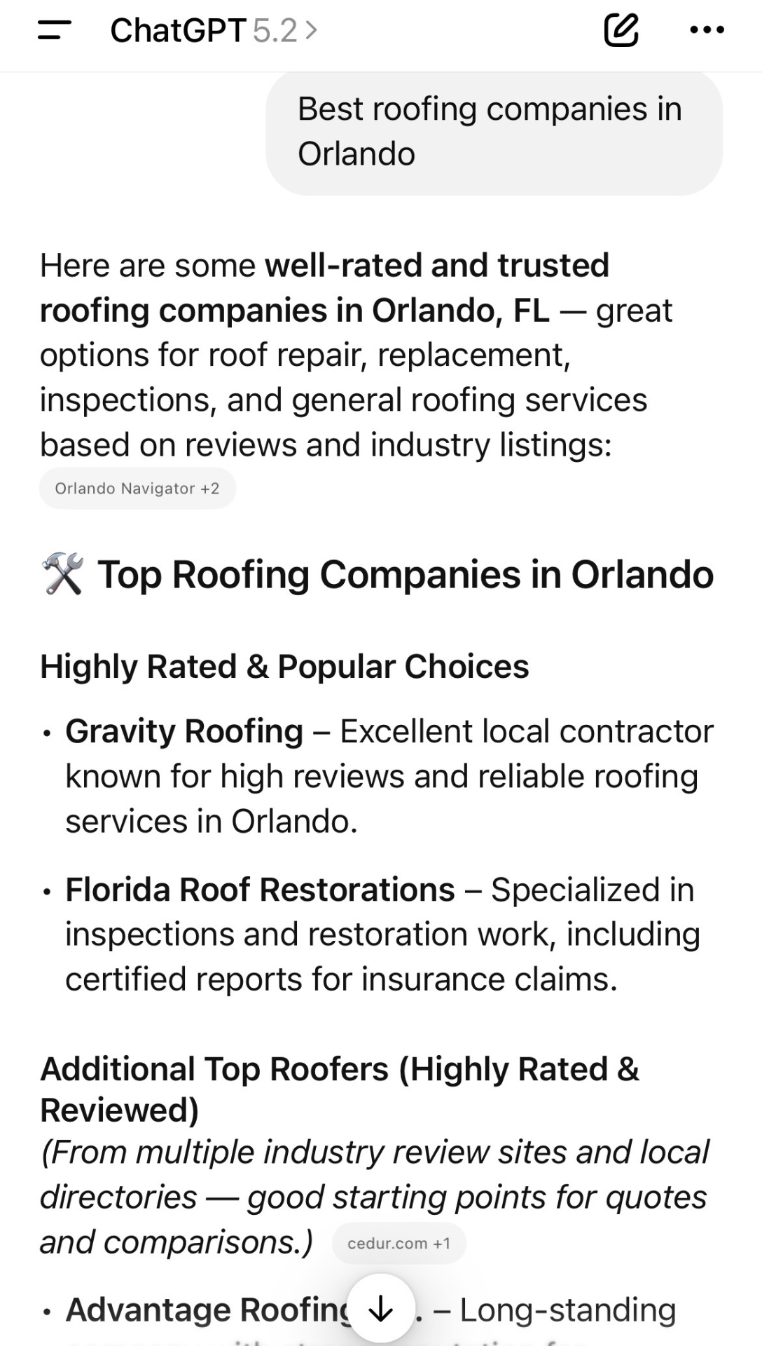 ChatGPT recommending roofing companies in Orlando