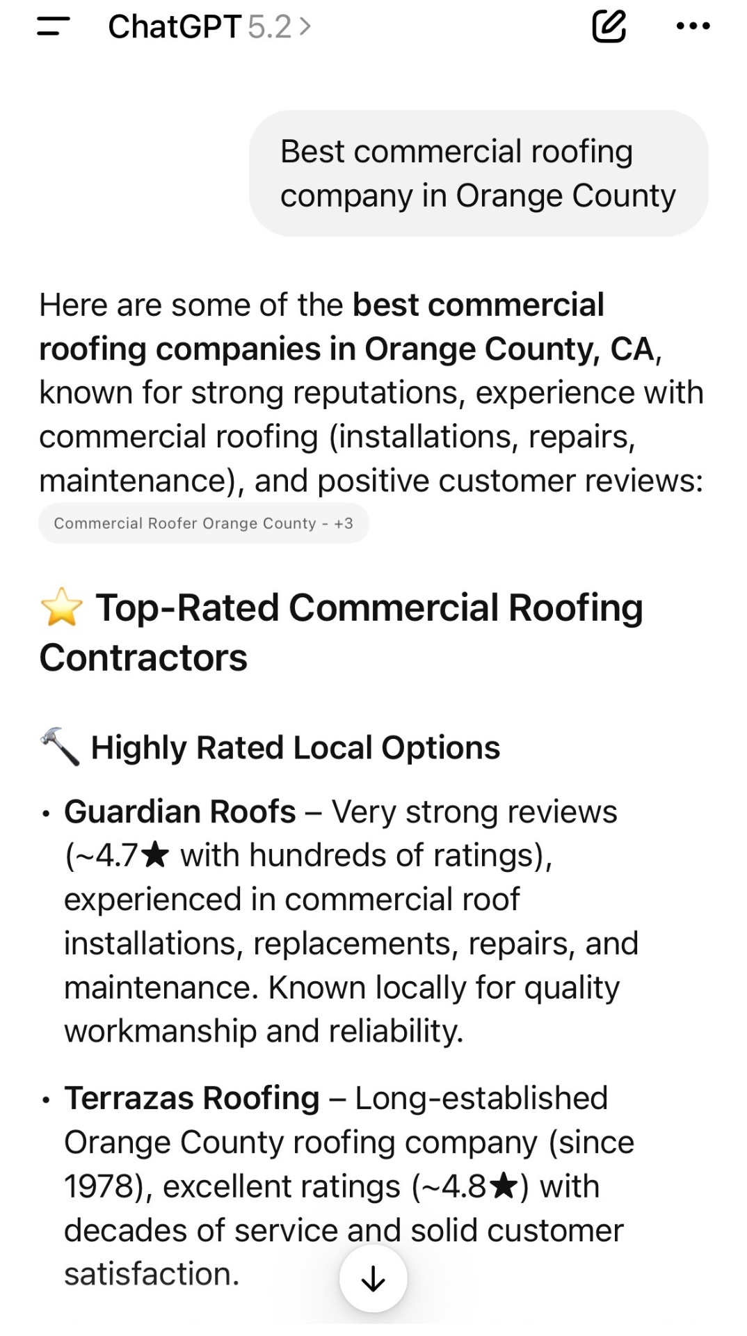 ChatGPT recommending roofing companies in Orange County